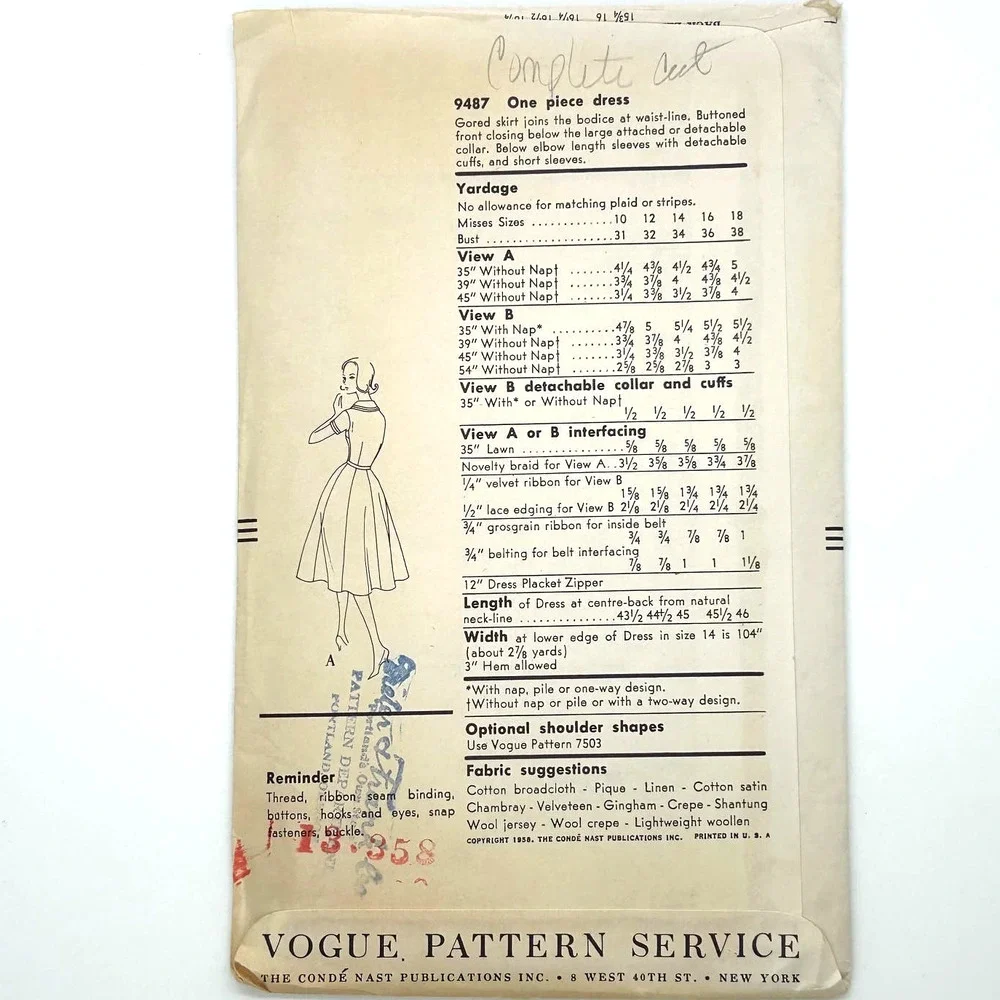 Vogue Vintage 1950's Pattern #9487 Women's‎ Button Front Flare Dress Size 14